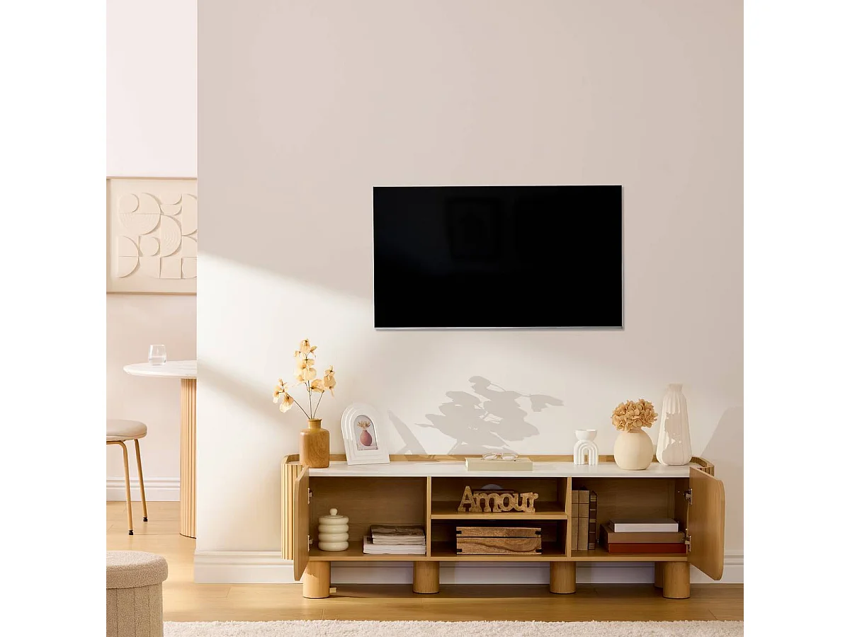 Meuble TV de  2 portes 2 étagères coloris effet bois naturel - Longueur 160 x Profondeur 40,2 x Hauteur 50,2 cm