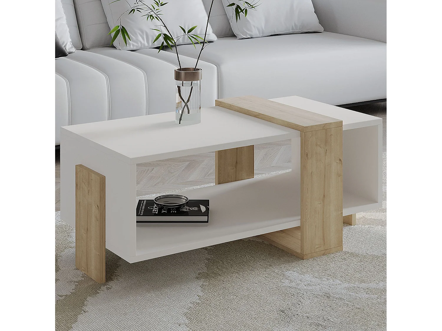 "Meleni" Holz Couchtisch - Elegant Weiß - 90 x 49 x 40 cm - Hochwertige Melaminpaneele