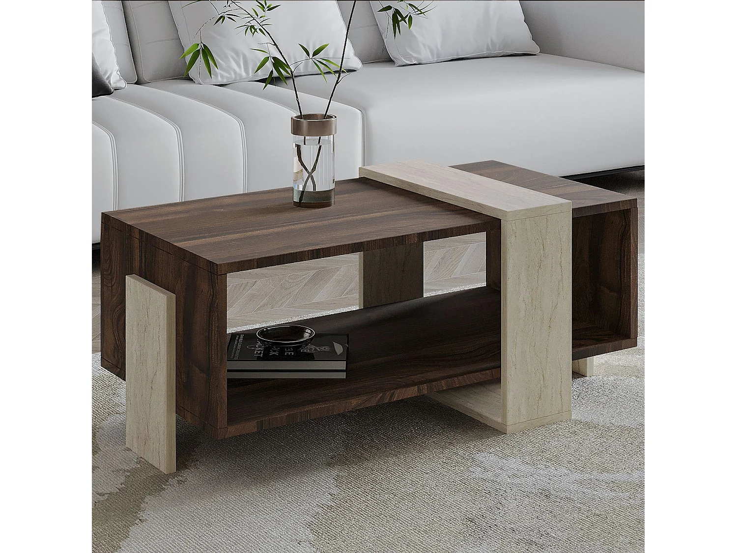 "Meleni" Holz Couchtisch - Travertin-Finish - Elegantes Design - 90 x 49 x 40 cm