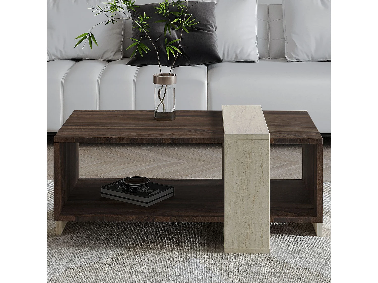 "Meleni" Holz Couchtisch - Travertin-Finish - Elegantes Design - 90 x 49 x 40 cm