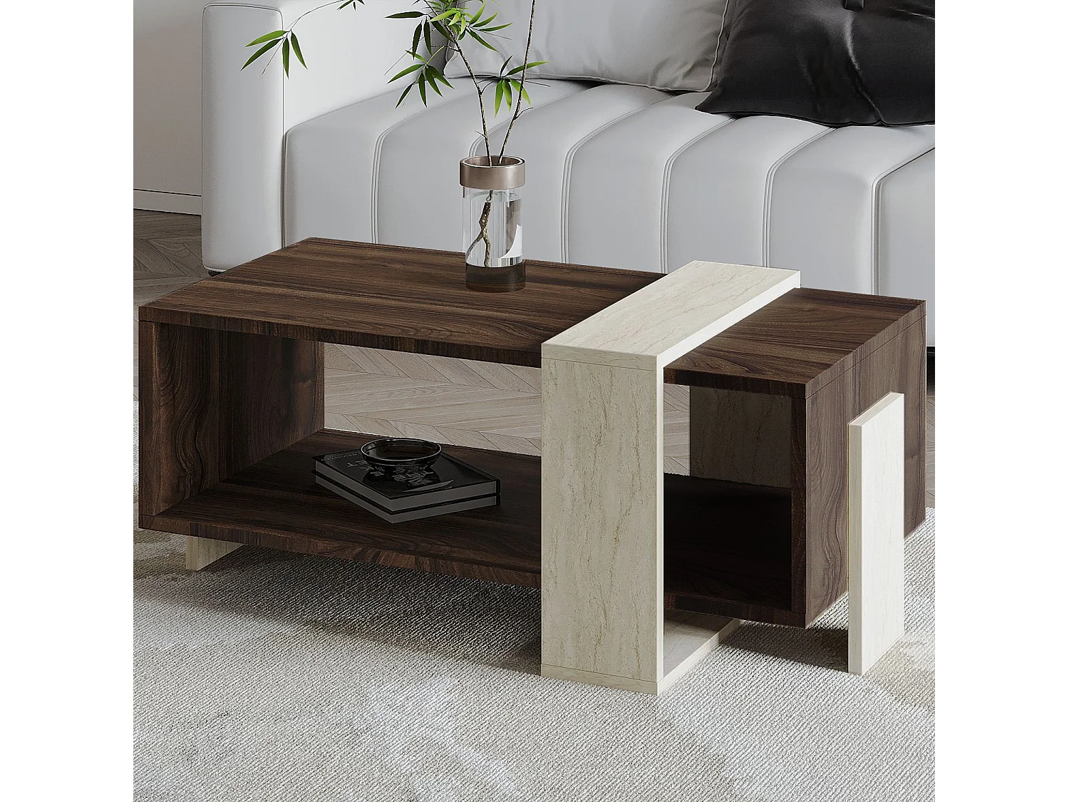 "Meleni" Holz Couchtisch - Travertin-Finish - Elegantes Design - 90 x 49 x 40 cm