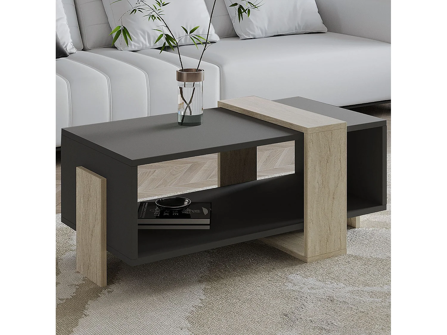 "Meleni" Holz Couchtisch - Elegantes Anthrazitgrau - 90 x 49 x 40 cm