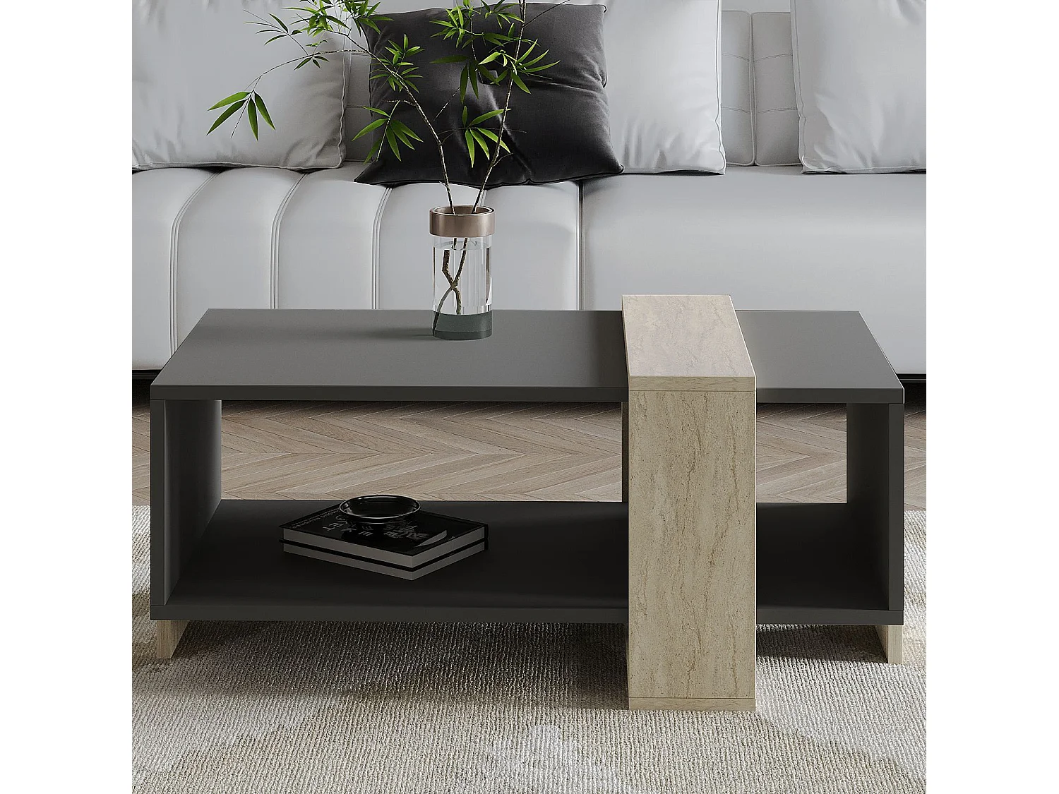 "Meleni" Holz Couchtisch - Elegantes Anthrazitgrau - 90 x 49 x 40 cm
