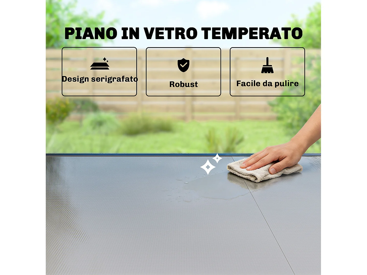 Tavolo da giardino allungabile 8-10 persone con piano in vetro nero