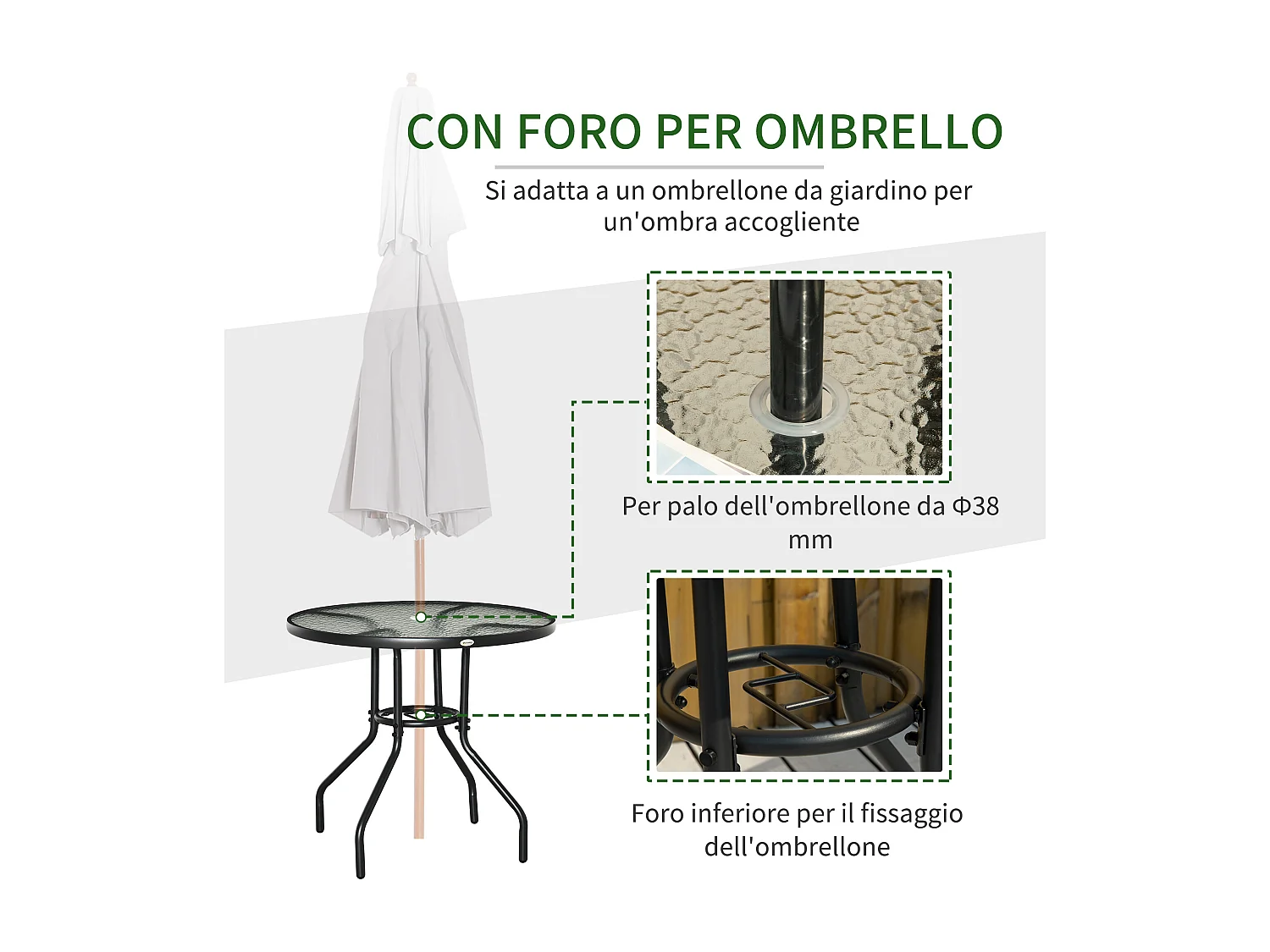 Tavolo rotondo con foro ombrellone e piano in vetro nero