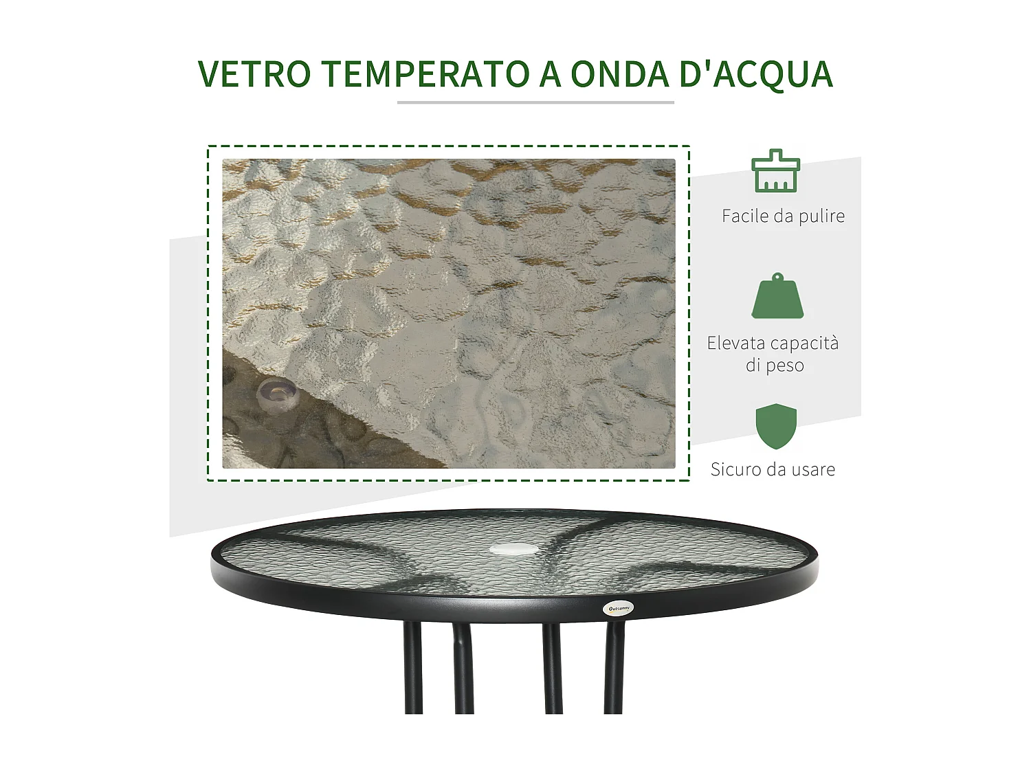 Tavolo rotondo con foro ombrellone e piano in vetro nero