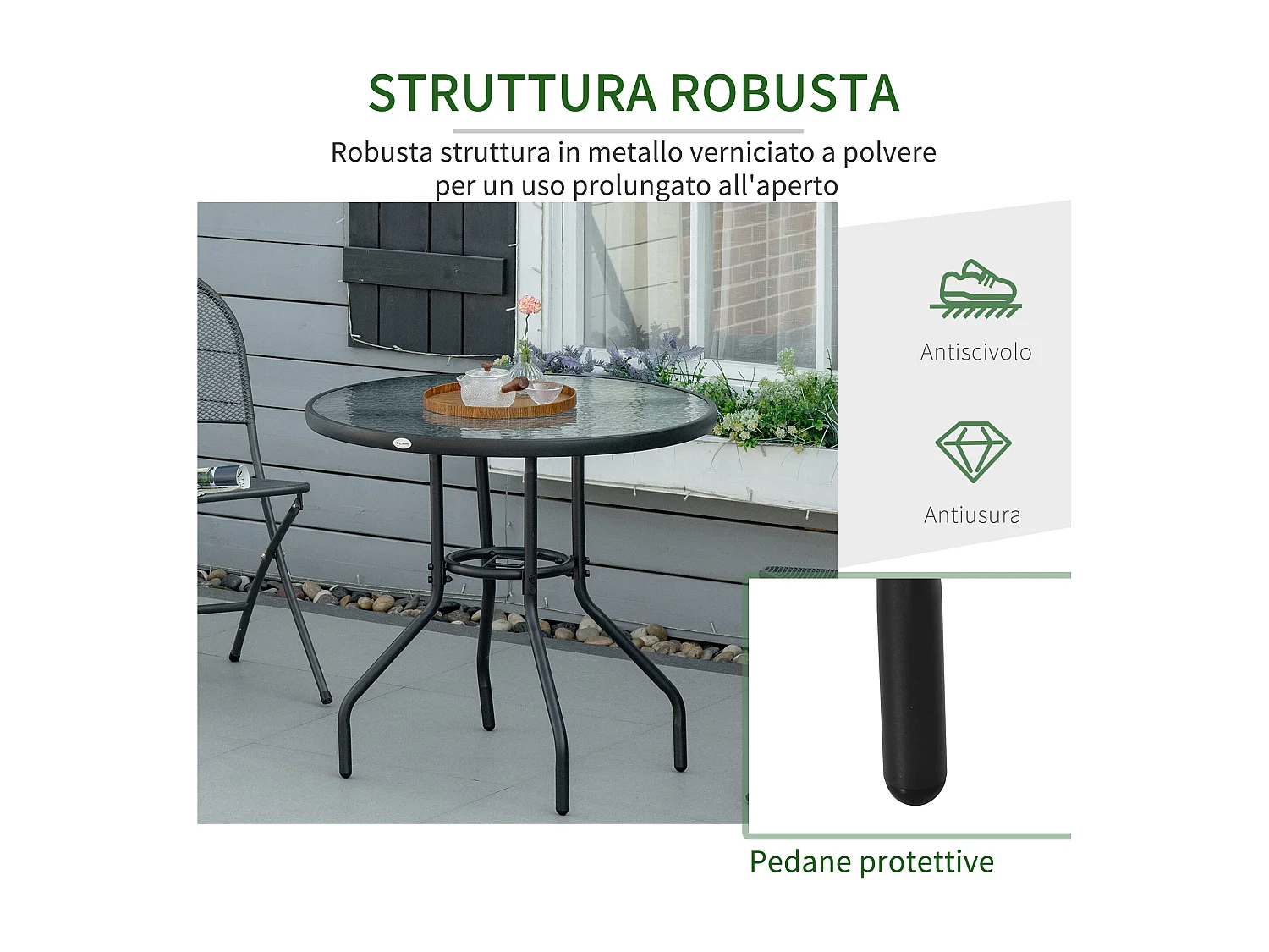Tavolo rotondo con foro ombrellone e piano in vetro nero