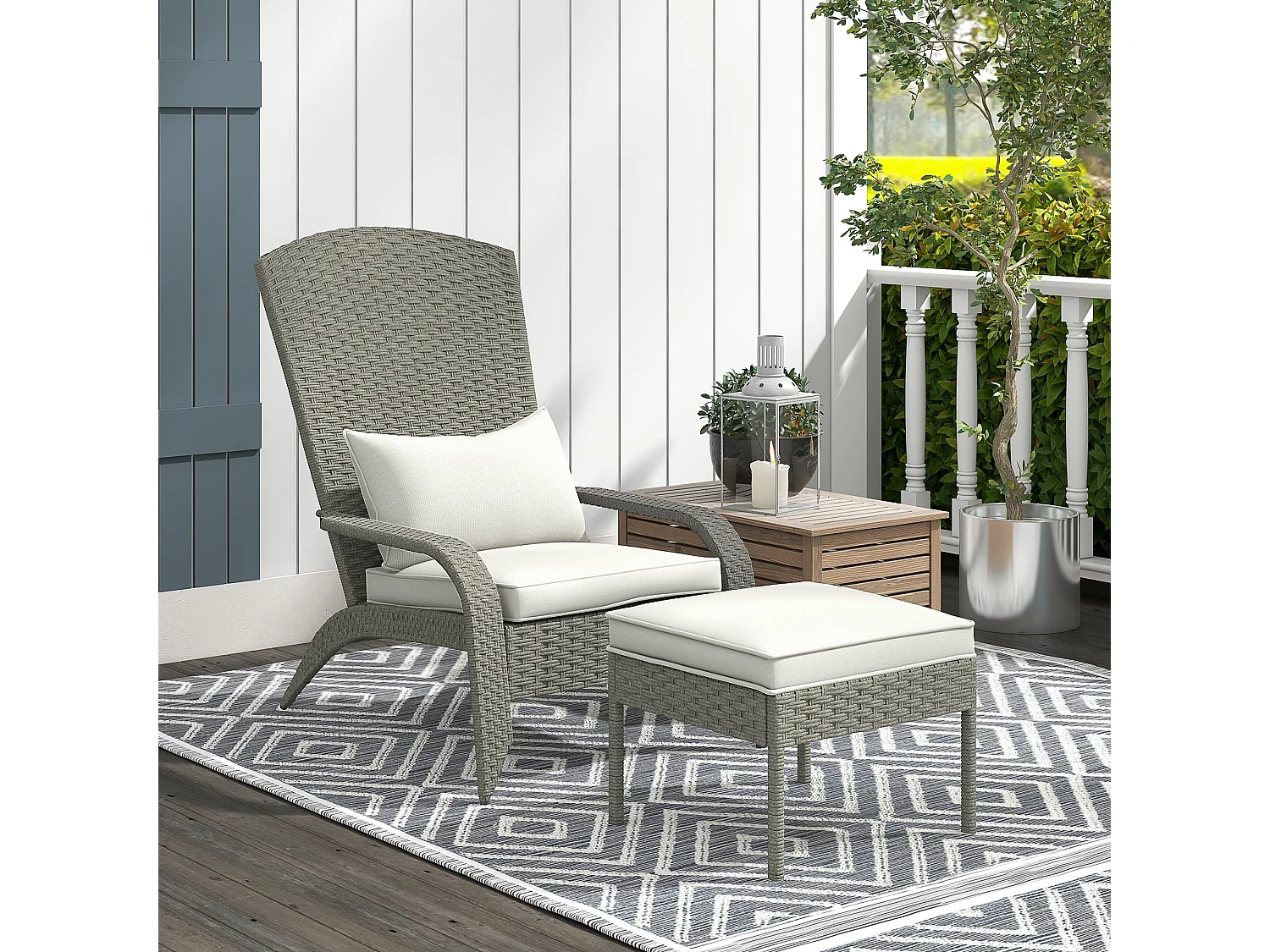 Sedia da giardino con poggiapiedi in rattan e acciaio grigio e bianco