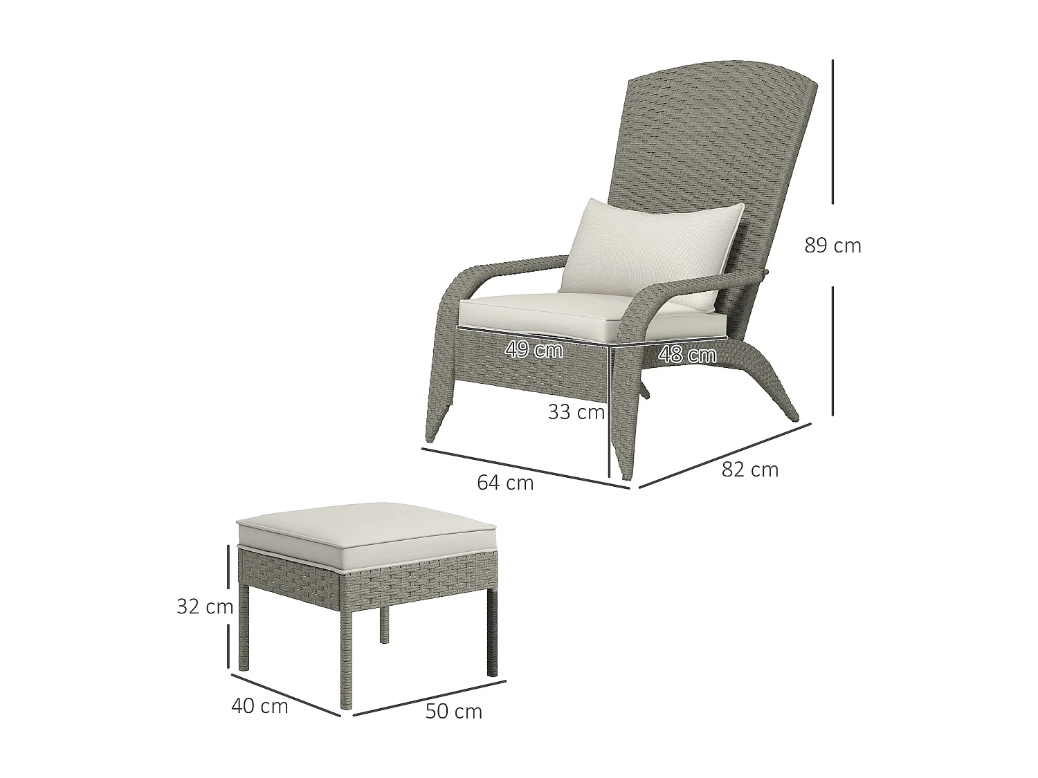 Sedia da giardino con poggiapiedi in rattan e acciaio grigio e bianco