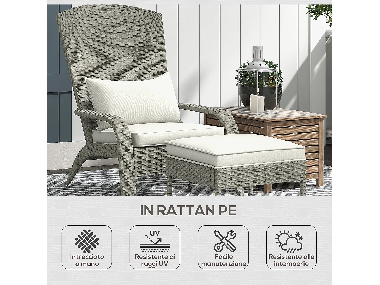 Sedia da giardino con poggiapiedi in rattan e acciaio grigio e bianco