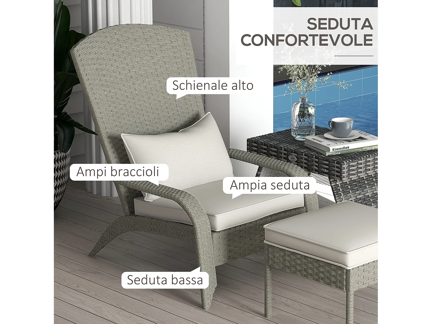 Sedia da giardino con poggiapiedi in rattan e acciaio grigio e bianco