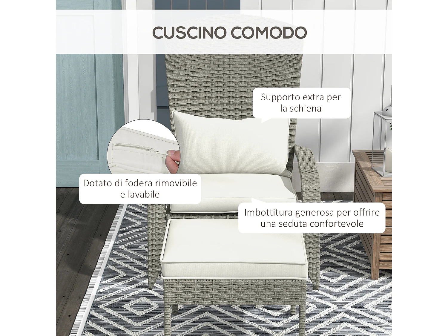 Sedia da giardino con poggiapiedi in rattan e acciaio grigio e bianco