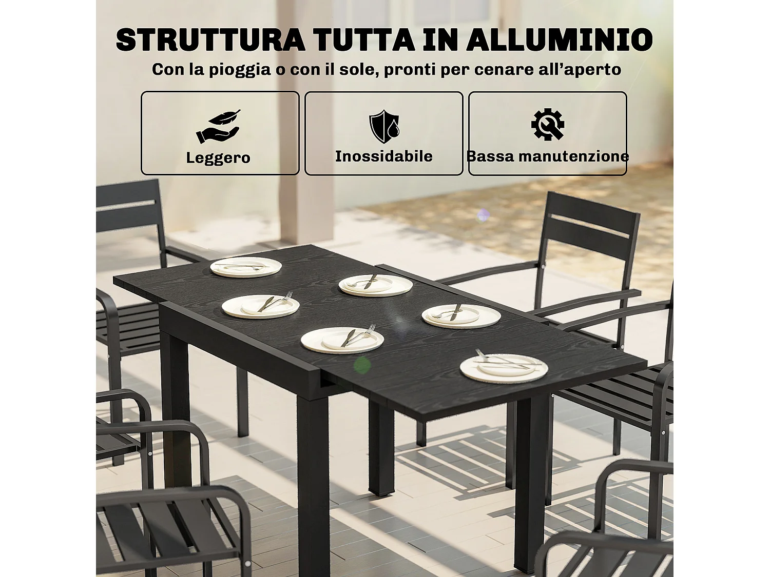 Tavolo da giardino allungabile per 4-6 persone nero