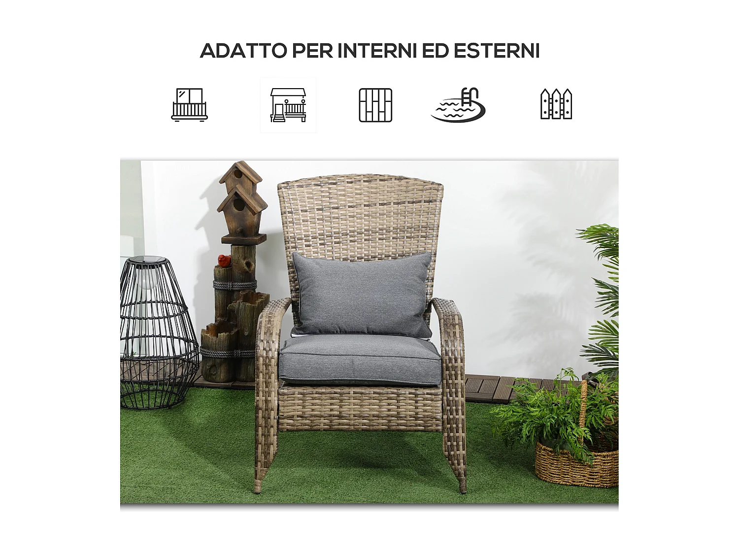 Sedia da giardino adironrack con braccioli cuscini in rattan