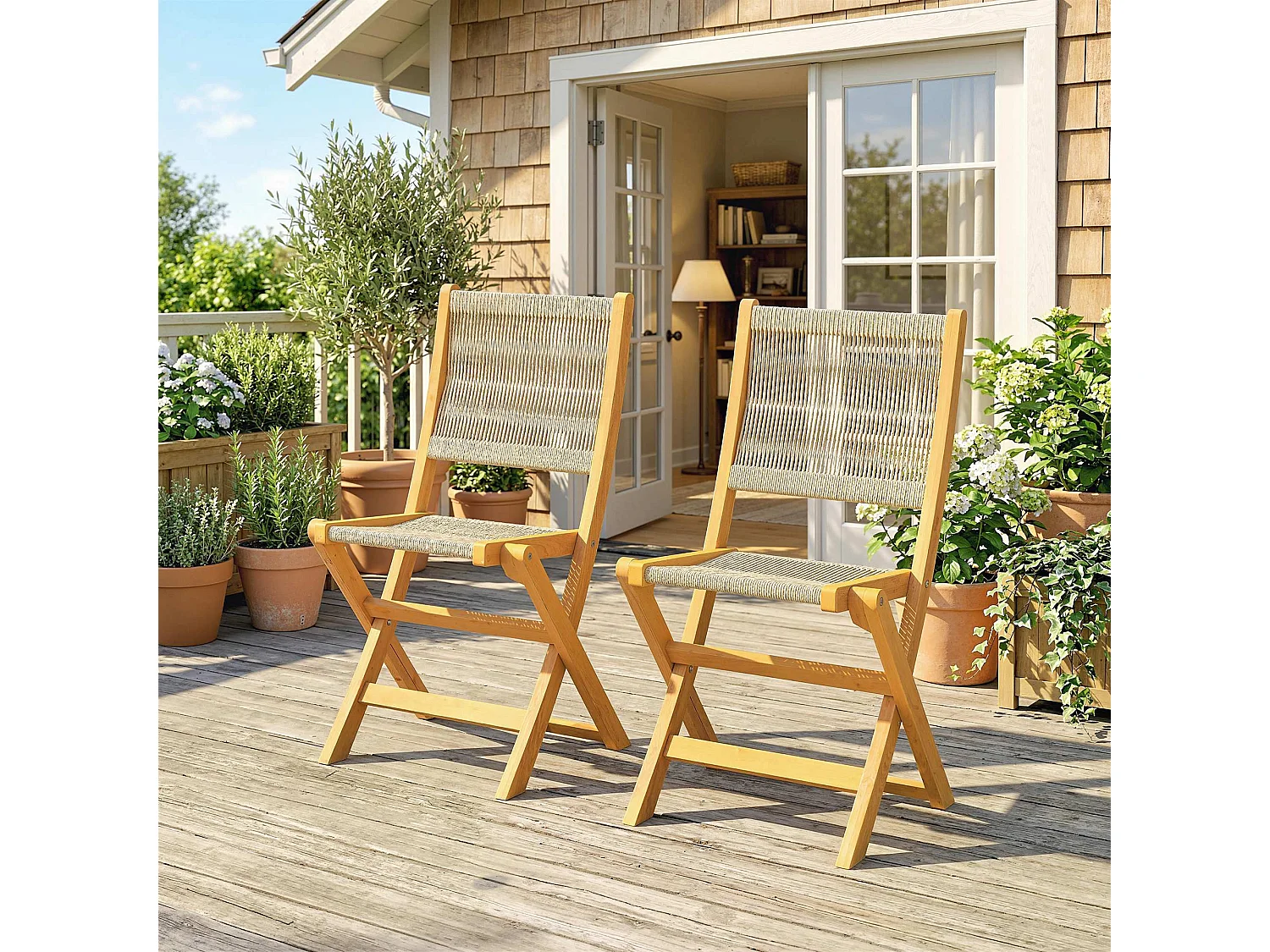 Set di 2 sedie da giardino pieghevoli in rattan beige