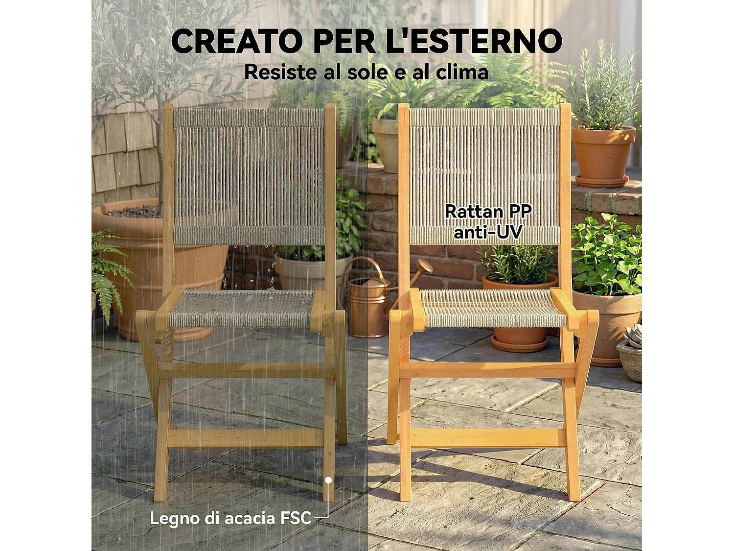 Set di 2 sedie da giardino pieghevoli in rattan beige