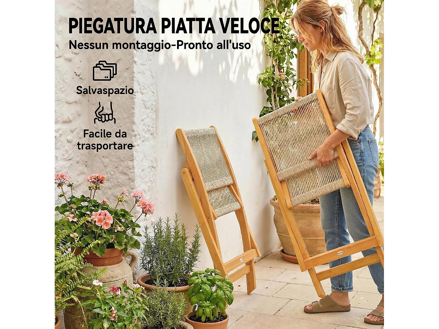Set di 2 sedie da giardino pieghevoli in rattan beige