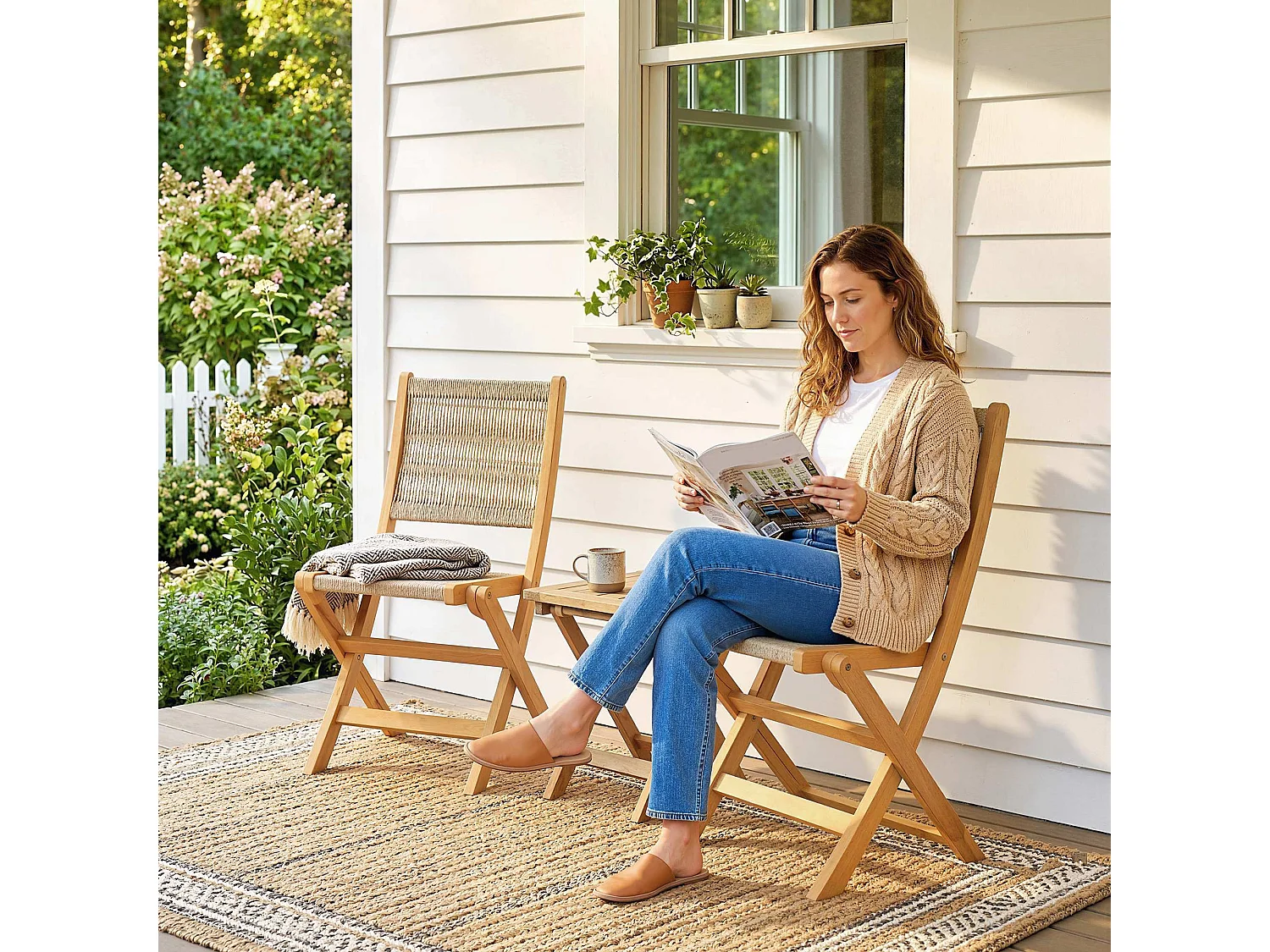 Set di 2 sedie da giardino pieghevoli in rattan beige