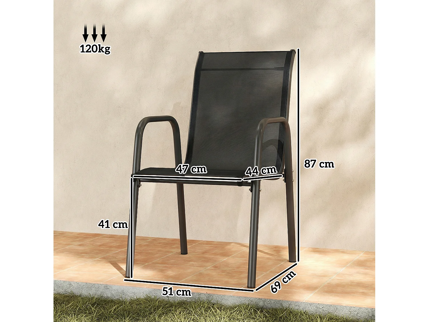 Set 4 sedie da giardino impilabili e traspiranti nere