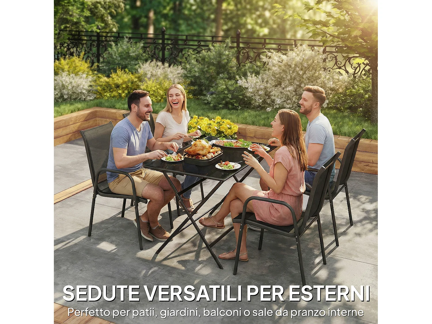 Set 4 sedie da giardino impilabili e traspiranti nere