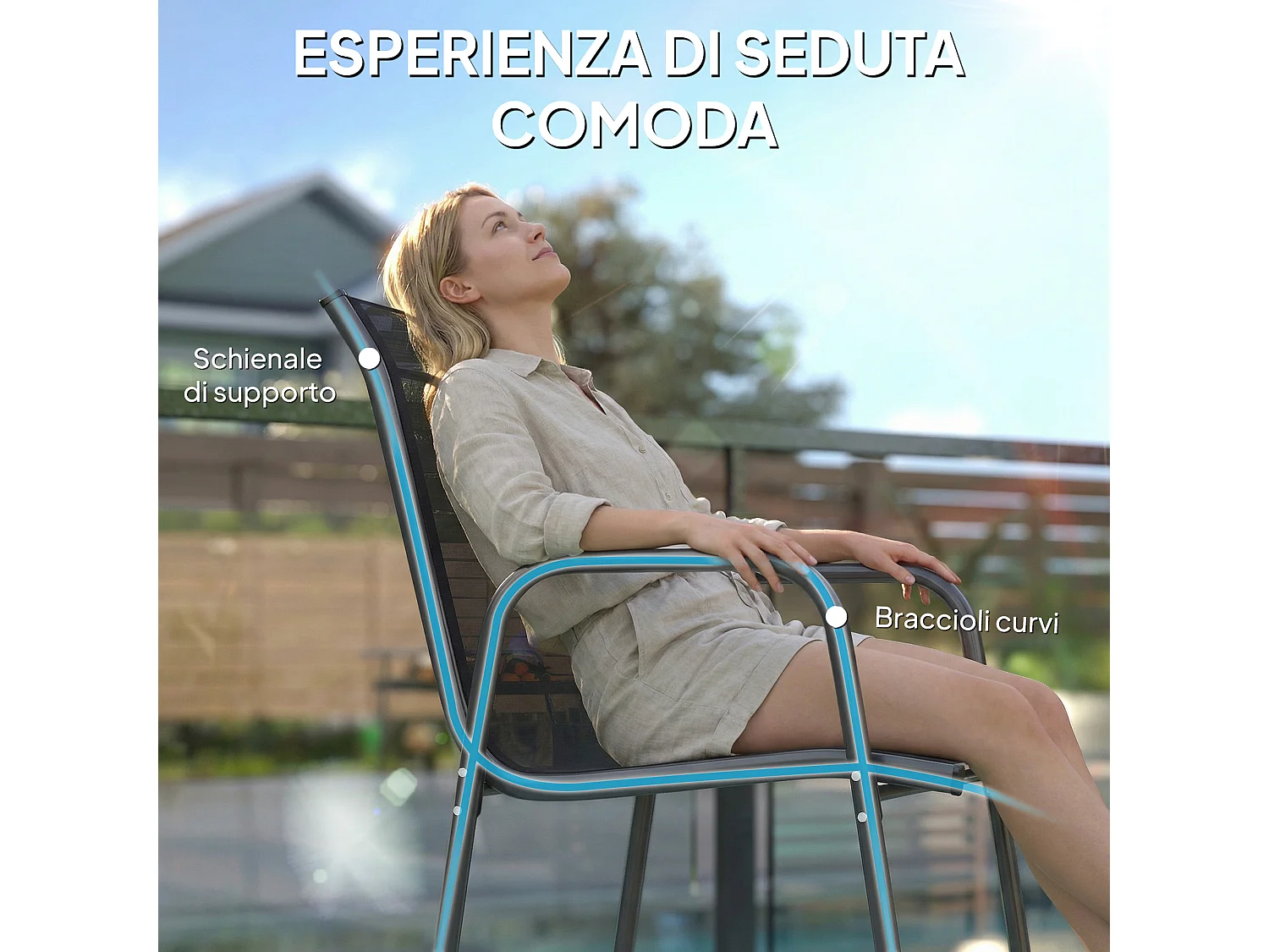 Set 4 sedie da giardino impilabili e traspiranti nere