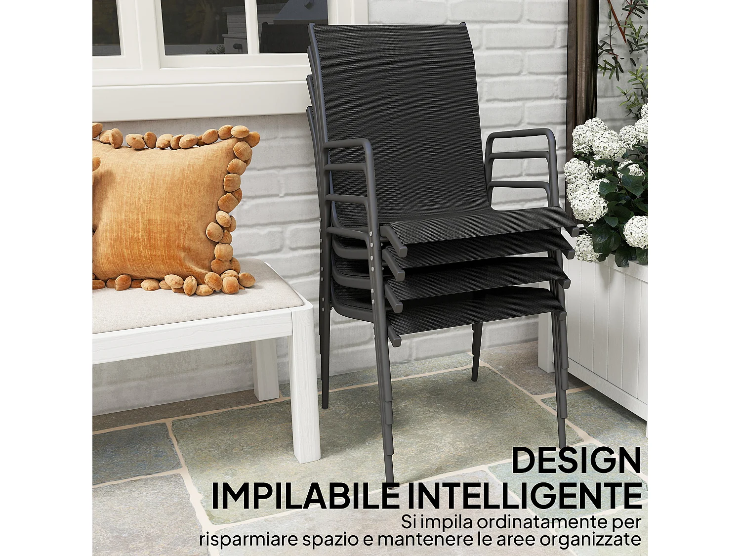 Set 4 sedie da giardino impilabili e traspiranti nere