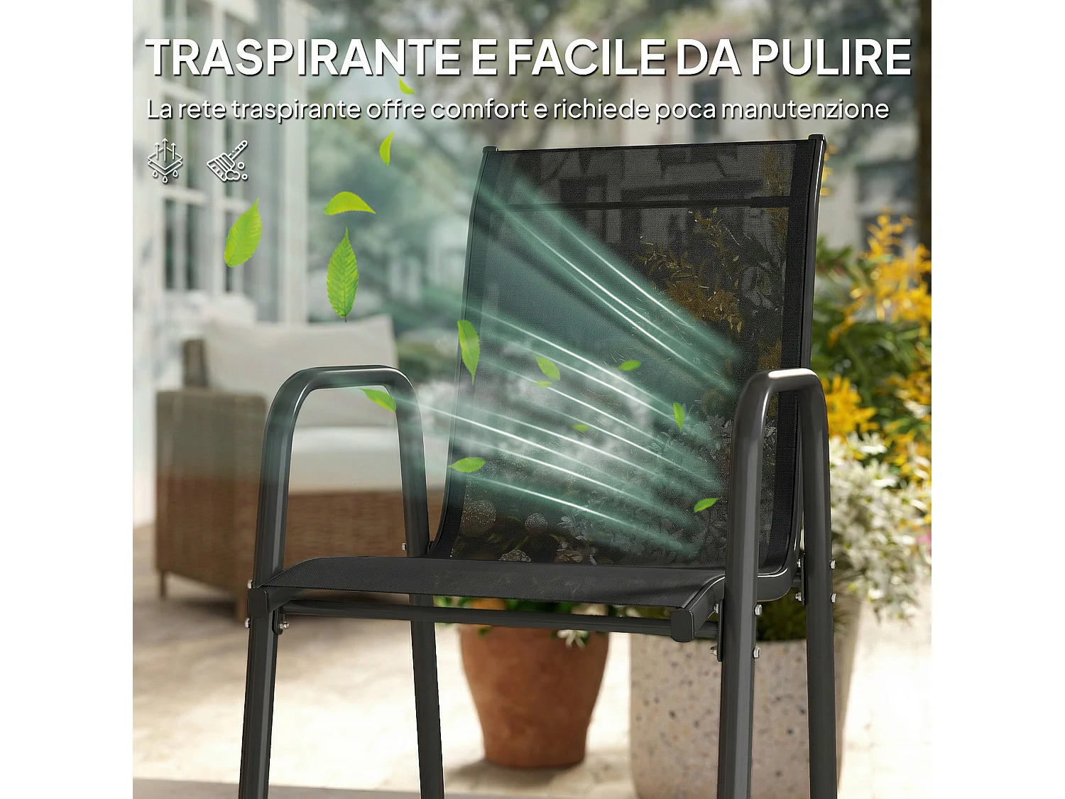 Set 4 sedie da giardino impilabili e traspiranti nere
