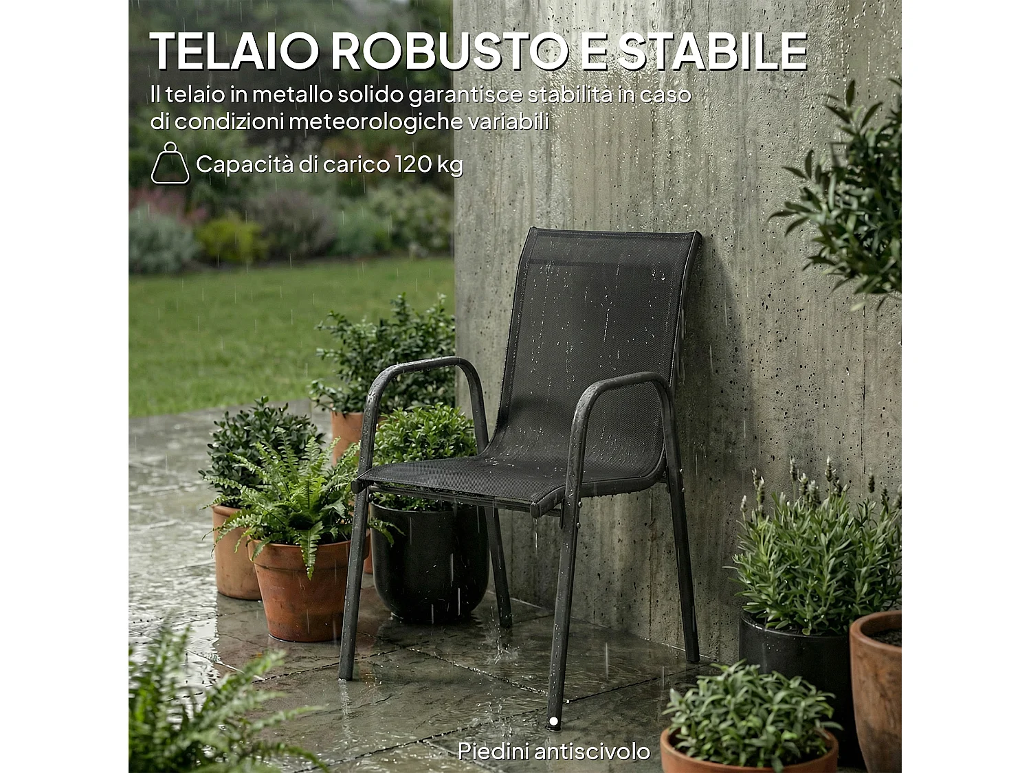Set 4 sedie da giardino impilabili e traspiranti nere
