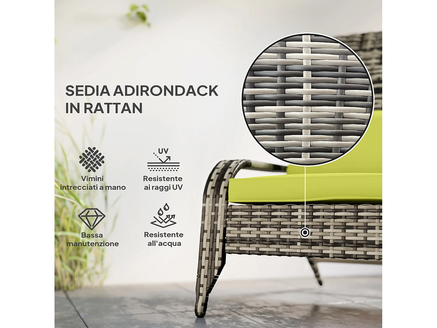 Sedia da Giardino e da Esterno in Rattan con Braccioli e Cuscini Grigia