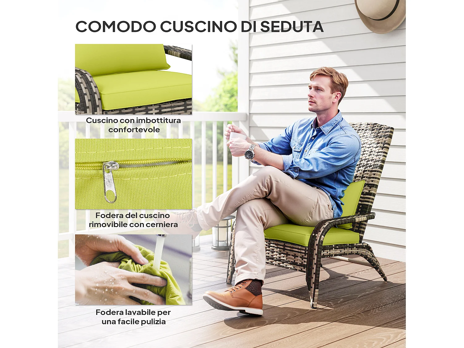 Sedia da Giardino e da Esterno in Rattan con Braccioli e Cuscini Grigia