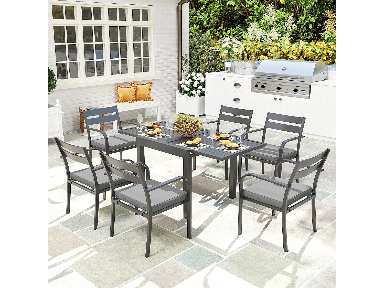 Set da esterno con tavolo allungabile e 6 sedie impilabili grigio