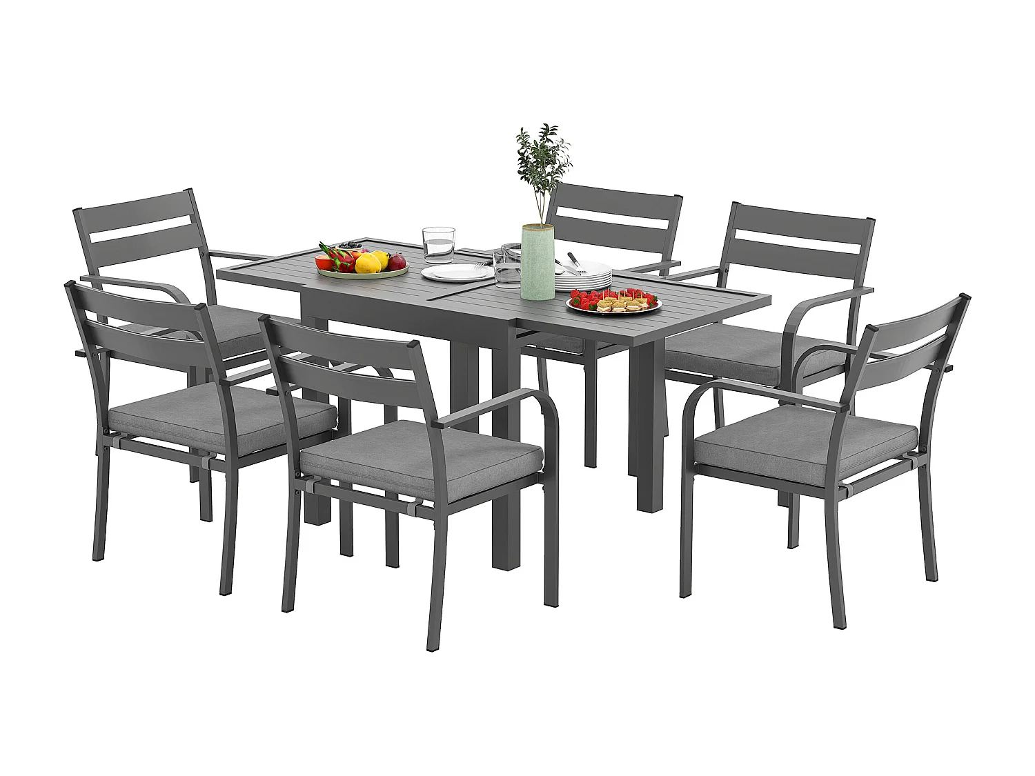 Set da esterno con tavolo allungabile e 6 sedie impilabili grigio