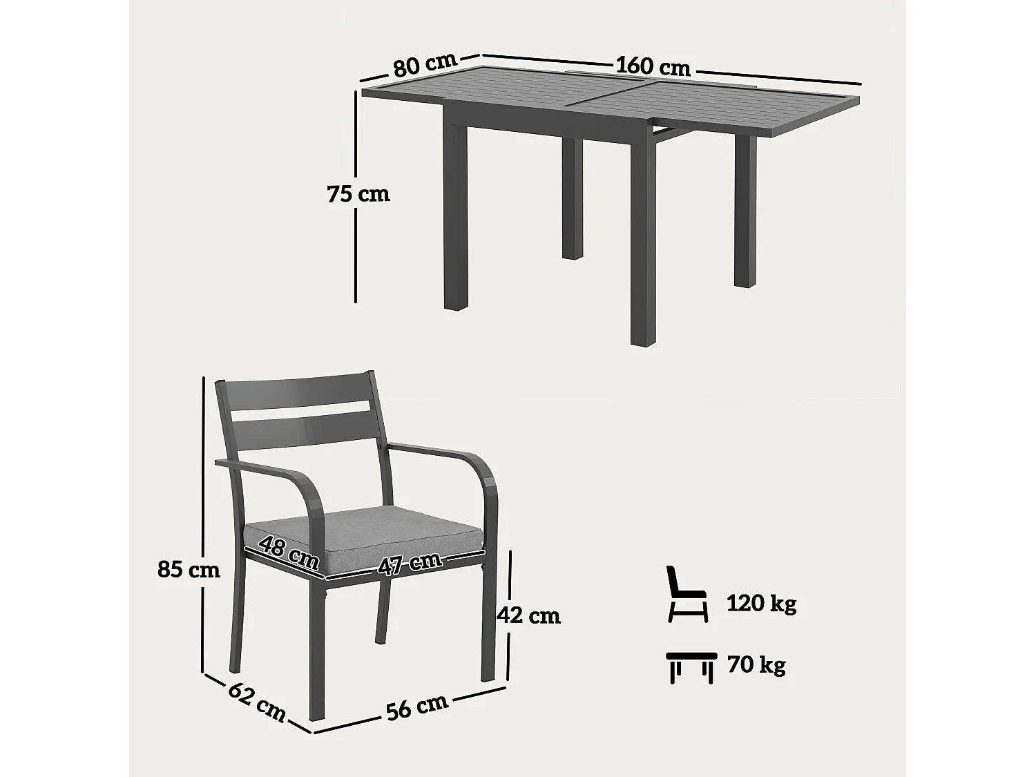 Set da esterno con tavolo allungabile e 6 sedie impilabili grigio