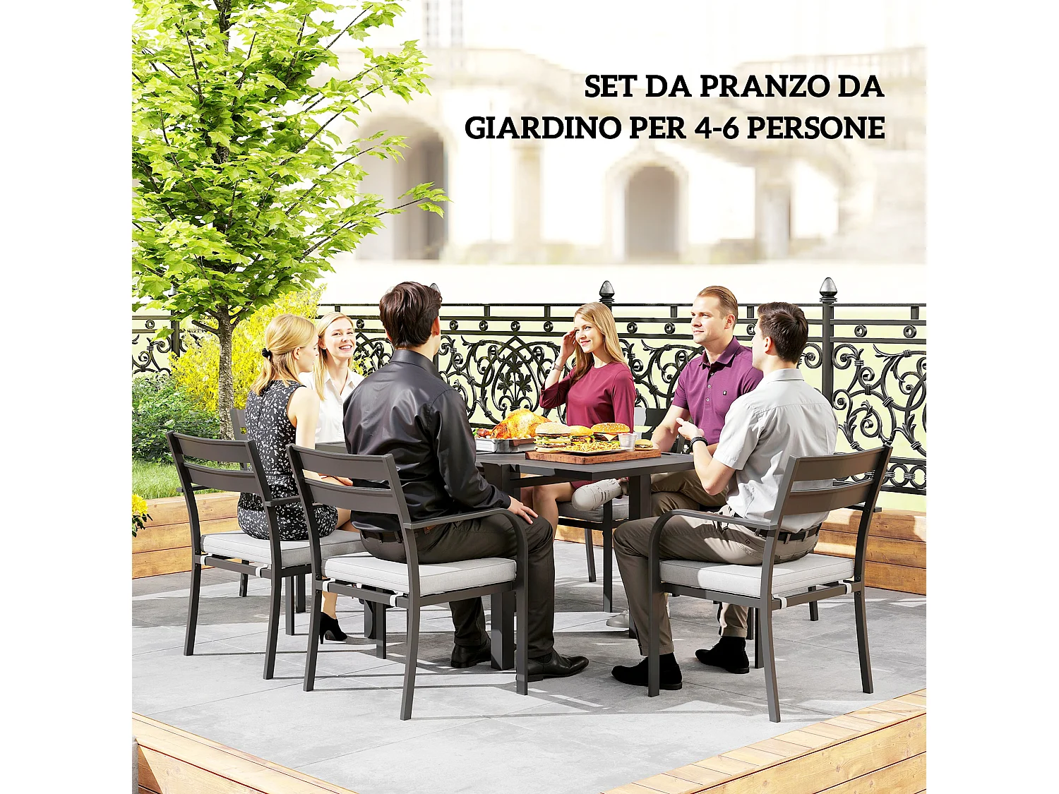 Set da esterno con tavolo allungabile e 6 sedie impilabili grigio