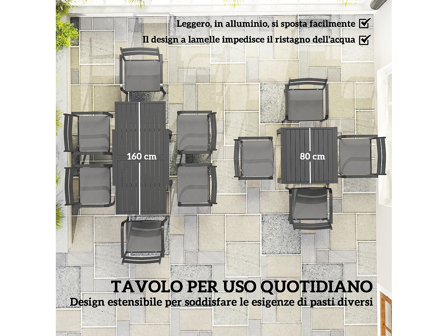 Set da esterno con tavolo allungabile e 6 sedie impilabili grigio