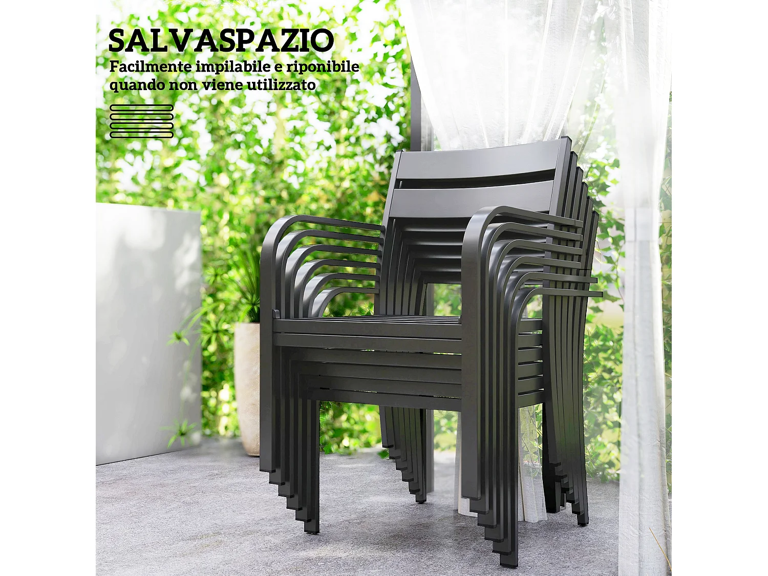 Set da esterno con tavolo allungabile e 6 sedie impilabili grigio