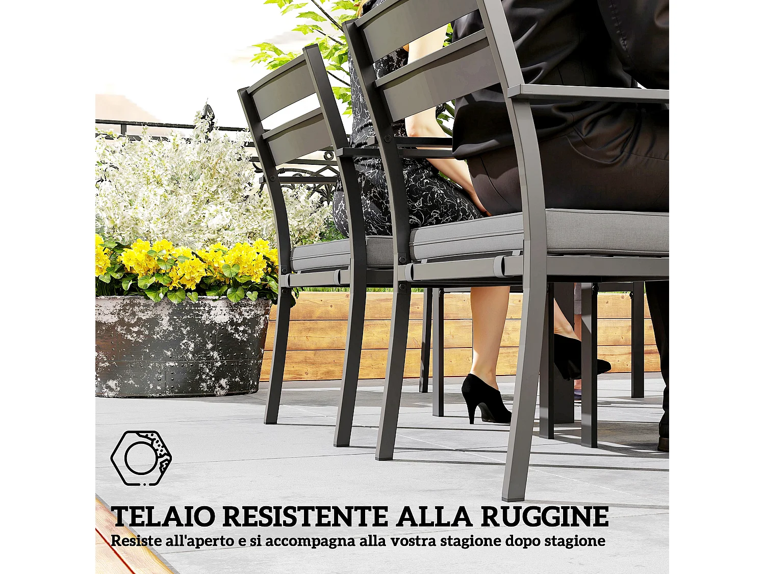 Set da esterno con tavolo allungabile e 6 sedie impilabili grigio