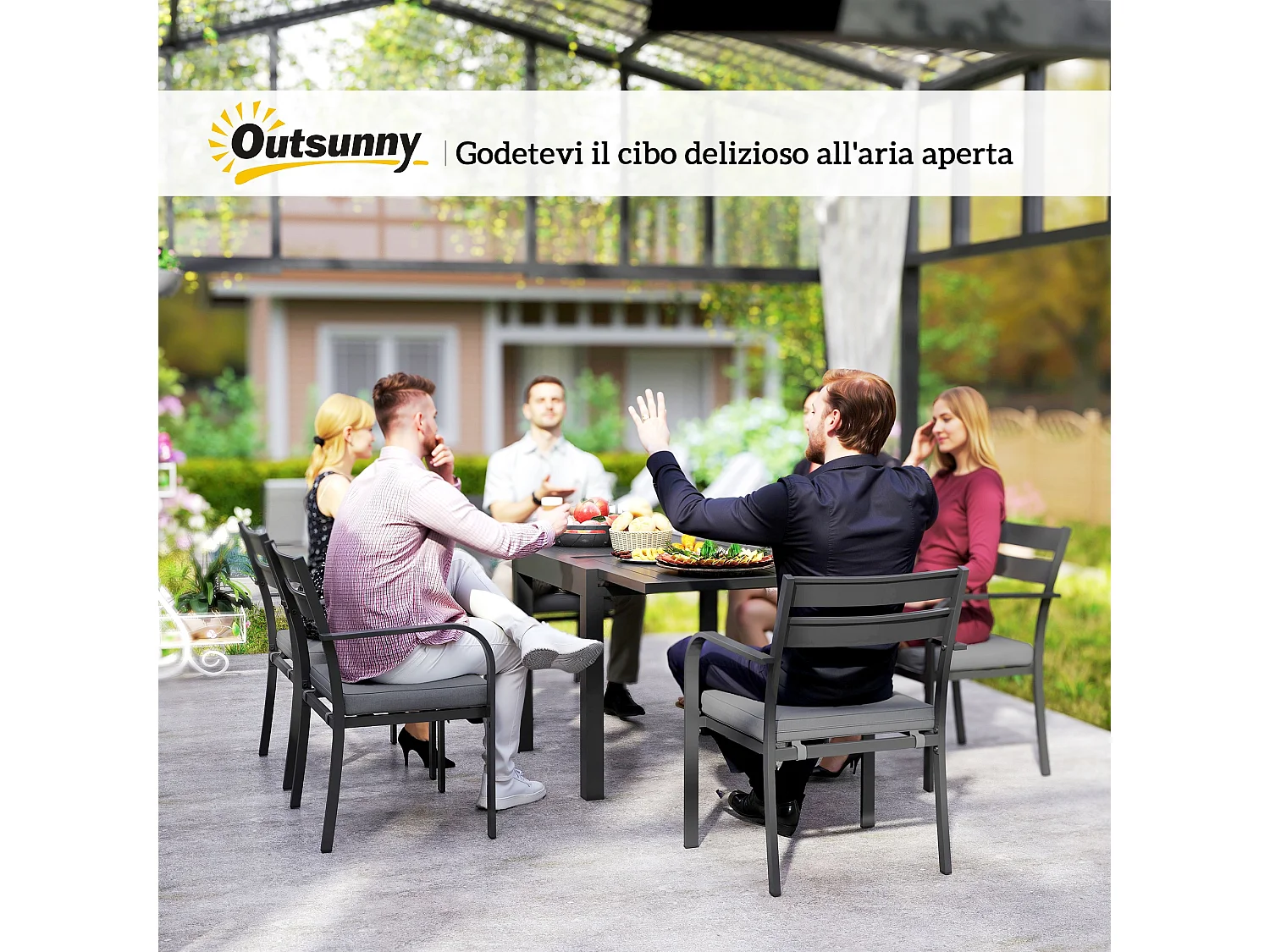 Set da esterno con tavolo allungabile e 6 sedie impilabili grigio