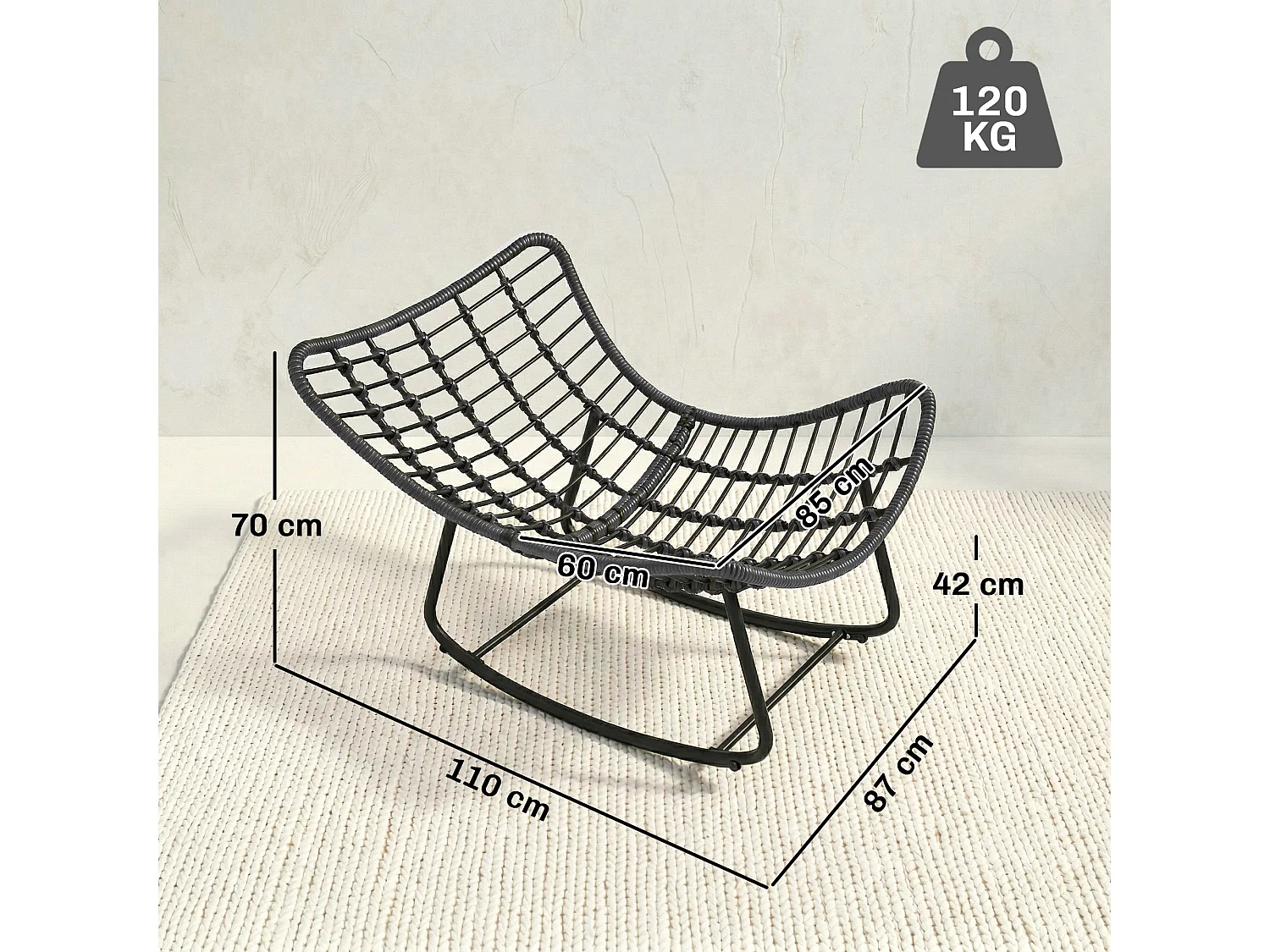 Sedia a dondolo con cuscino in rattan grigio scuro