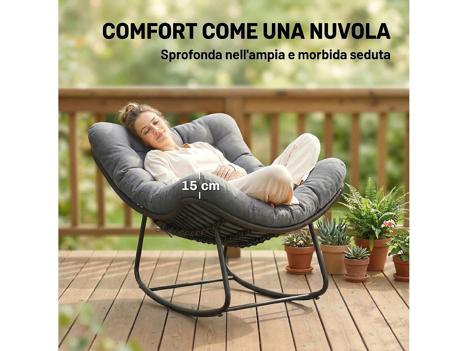 Sedia a dondolo con cuscino in rattan grigio scuro