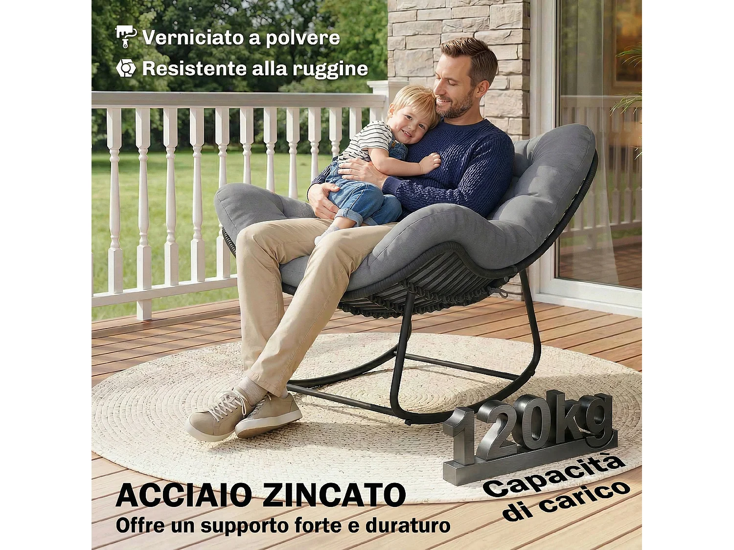 Sedia a dondolo con cuscino in rattan grigio scuro