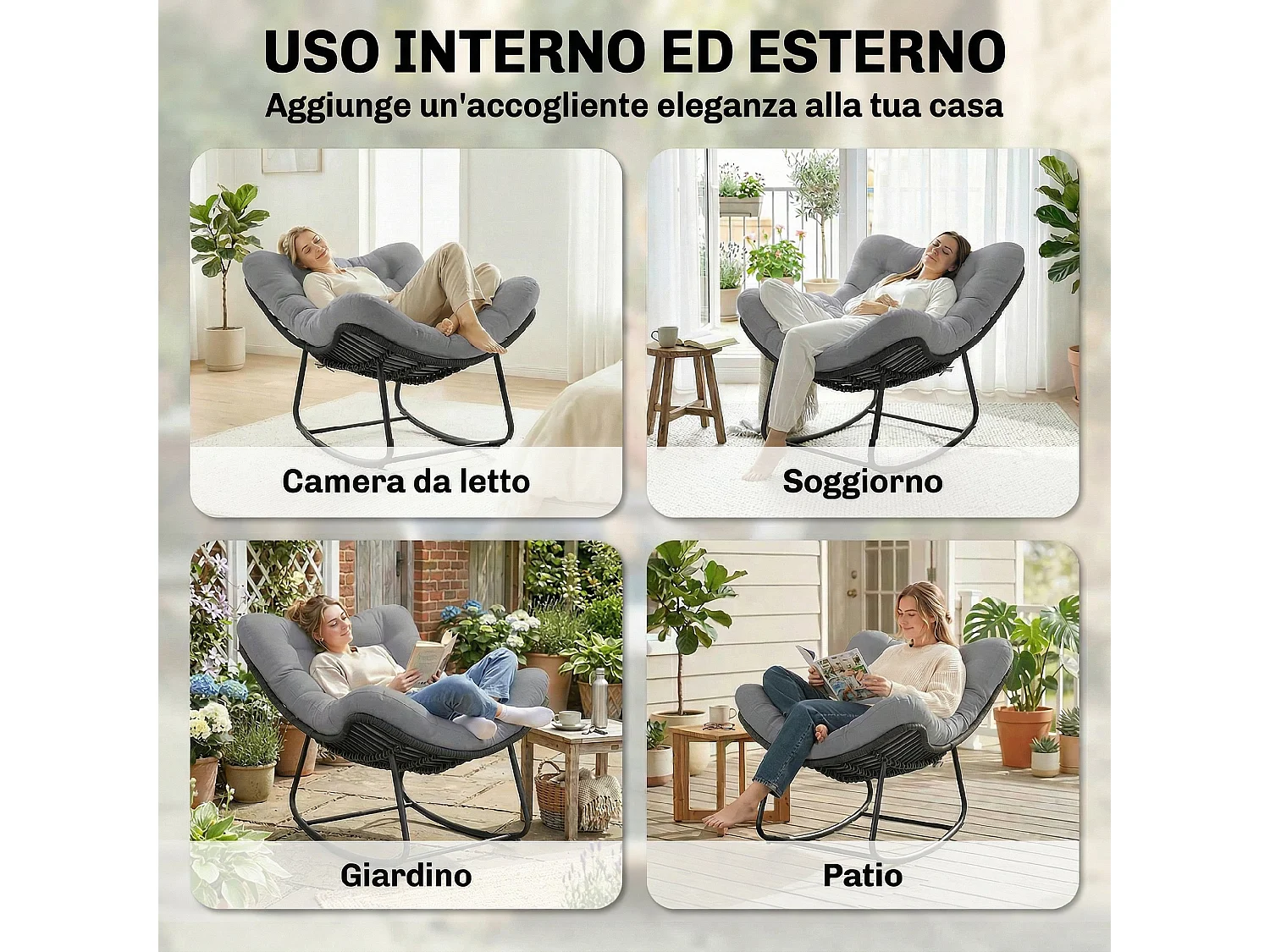 Sedia a dondolo con cuscino in rattan grigio scuro