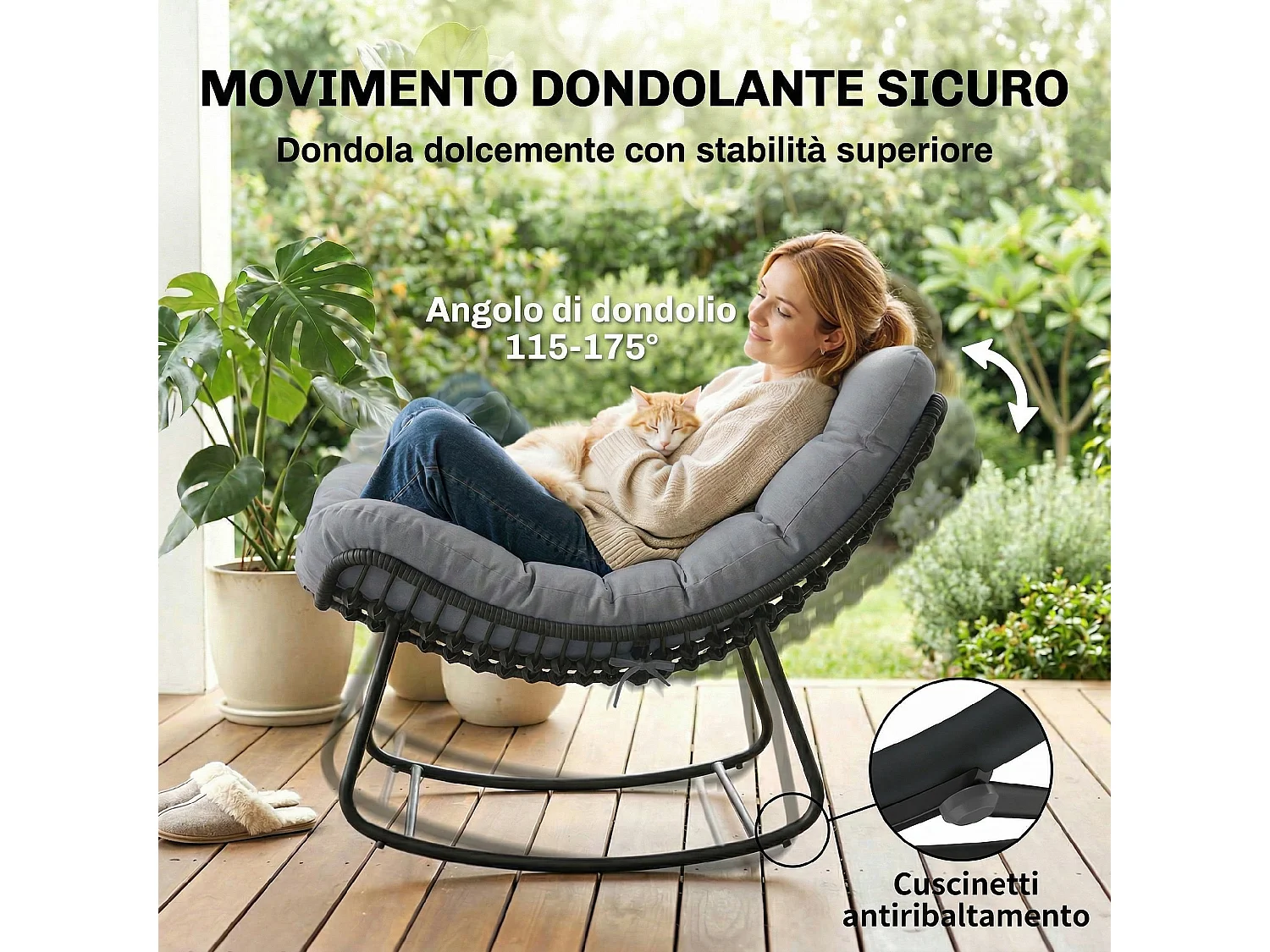 Sedia a dondolo con cuscino in rattan grigio scuro
