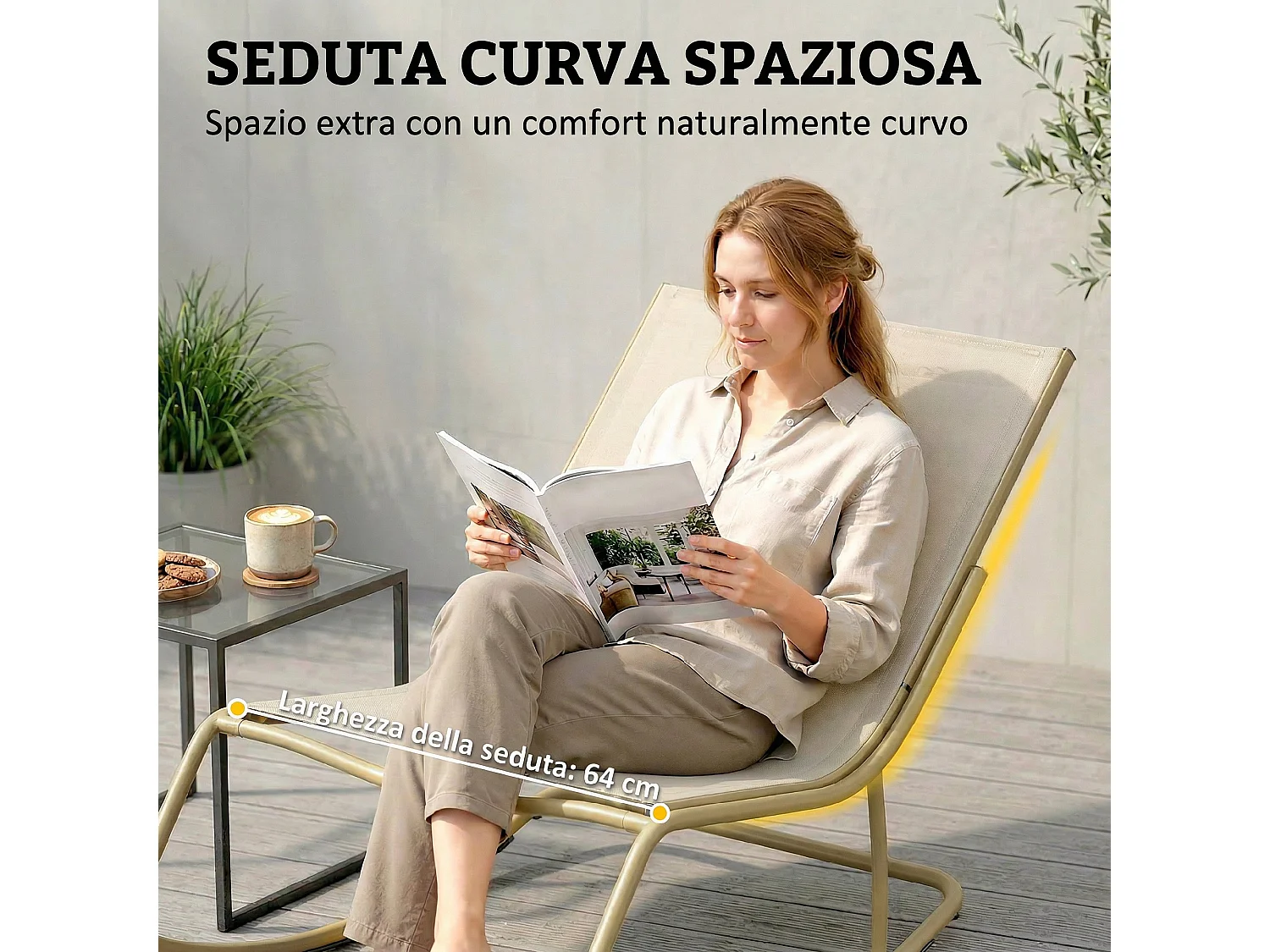 Sedia a dondolo da esterno seduta larga con cuscino khaki