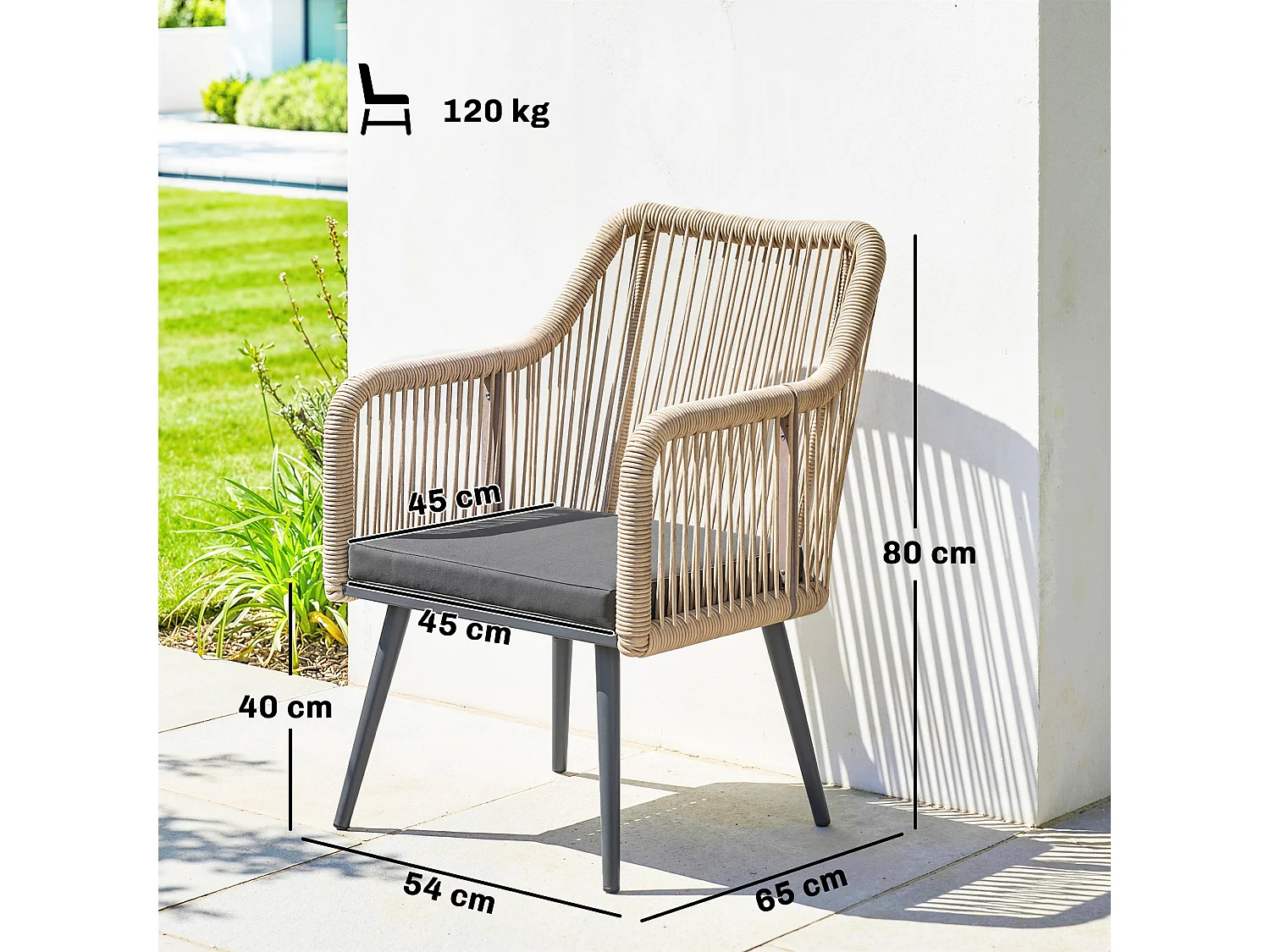 Set 2 sedie da giardino in rattan pe con cuscini grigio scuro