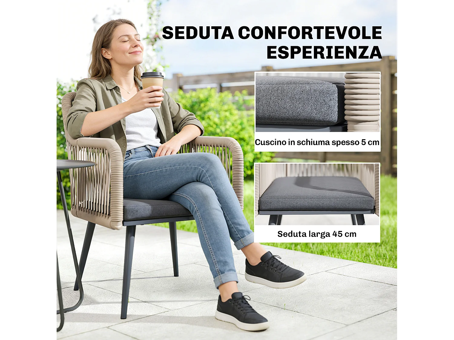 Set 2 sedie da giardino in rattan pe con cuscini grigio scuro