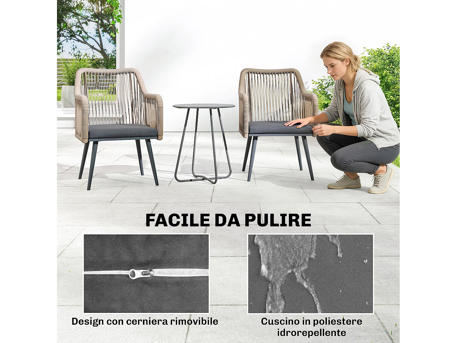 Set 2 sedie da giardino in rattan pe con cuscini grigio scuro