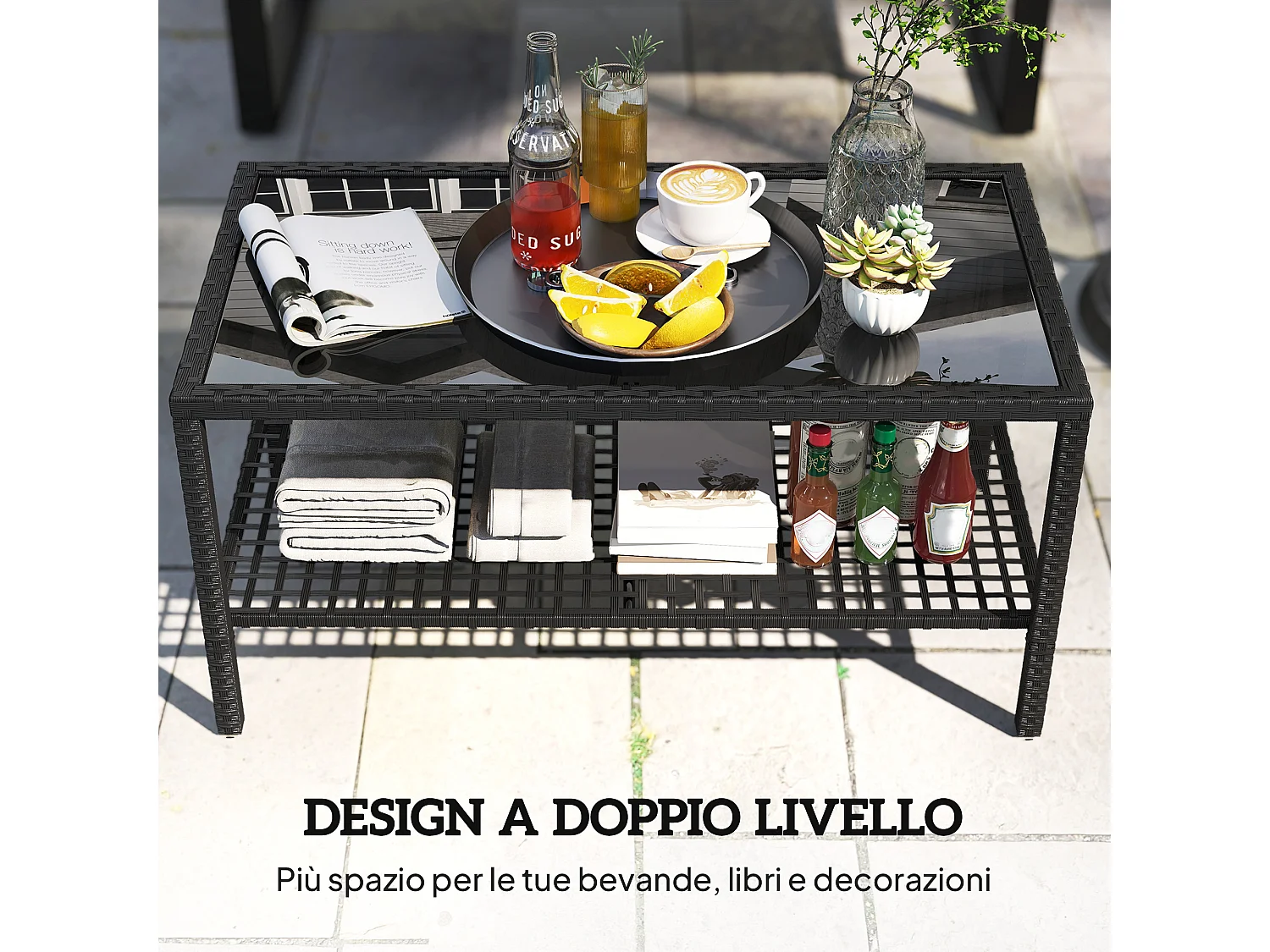 Tavolino da caffè a 2 livelli in acciaio e rattan nero