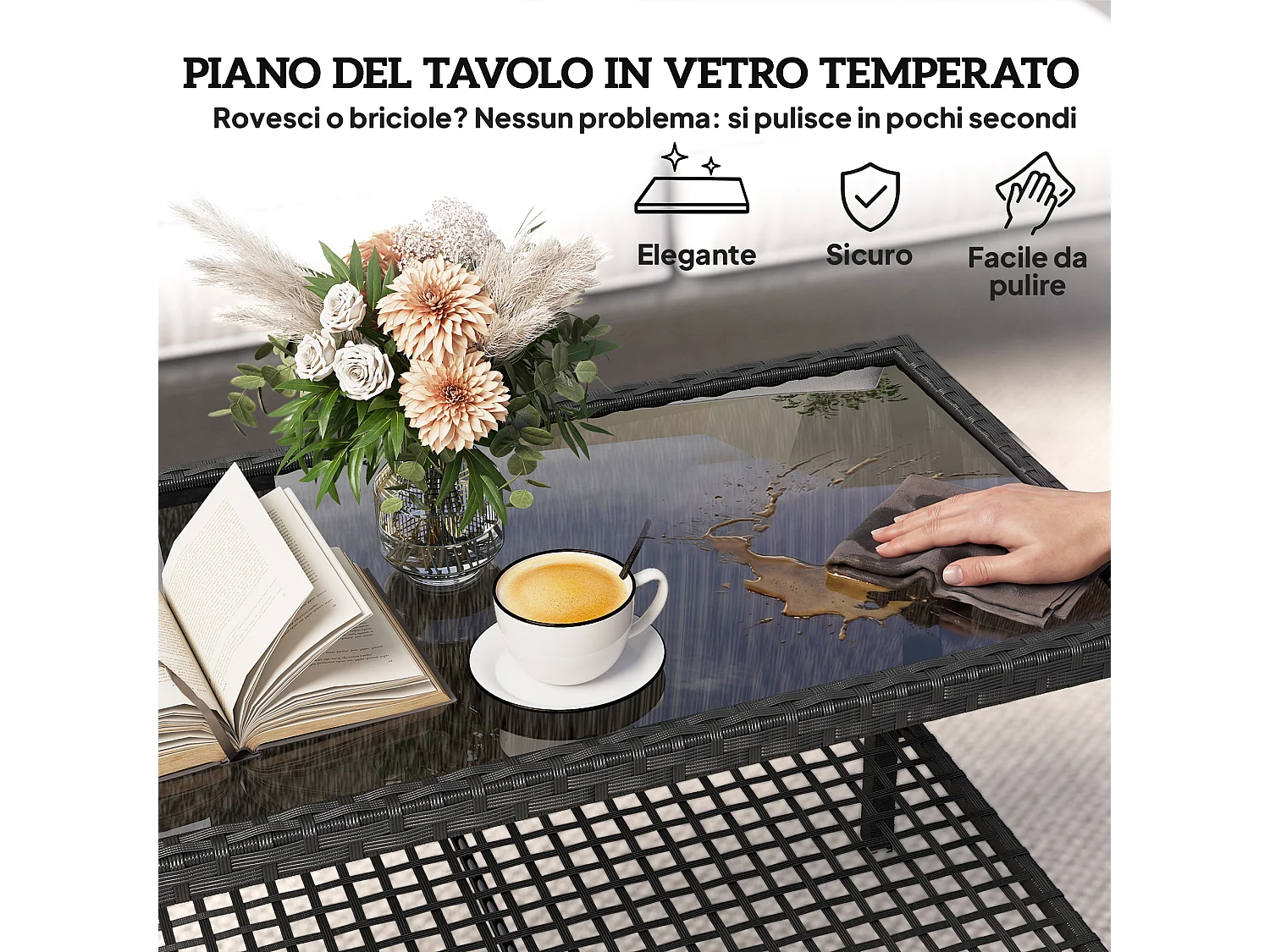 Tavolino da caffè a 2 livelli in acciaio e rattan nero