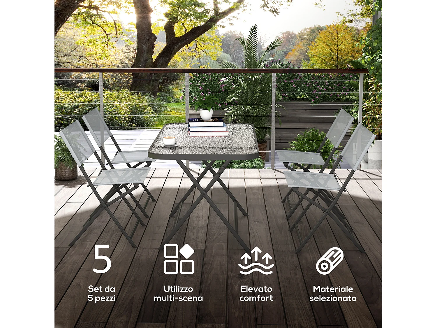 Set tavolo e sedie da giardino 5pz grigio
